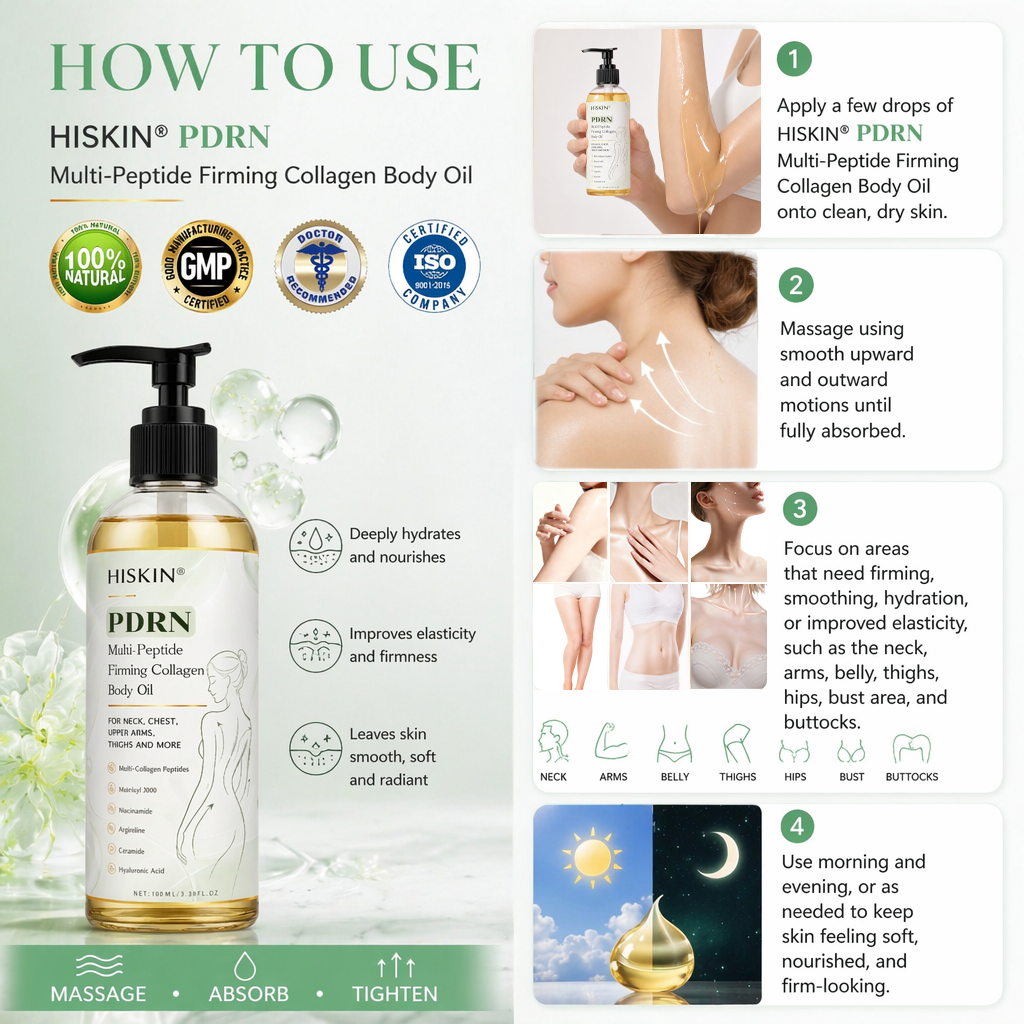 FDA Official: HISKIN® PDRN Multi-Peptide Firming Collagen Body Oil- Anti-aging, Hydrating, Skin Firming & Lifting, Skin Repair, Even Tone, Acne and Dark Spot Treatment, Wart and Mole Removal, and Psoriasis Relief.